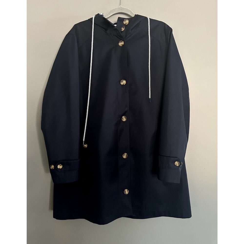 Lands' End Women's Navy Hooded Rain Trench Coat - L (14-16)